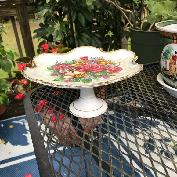 Vintage Lusterware Luster Vibrant Floral Pedestal Compote Gorgeous! - Picture 6 of 10